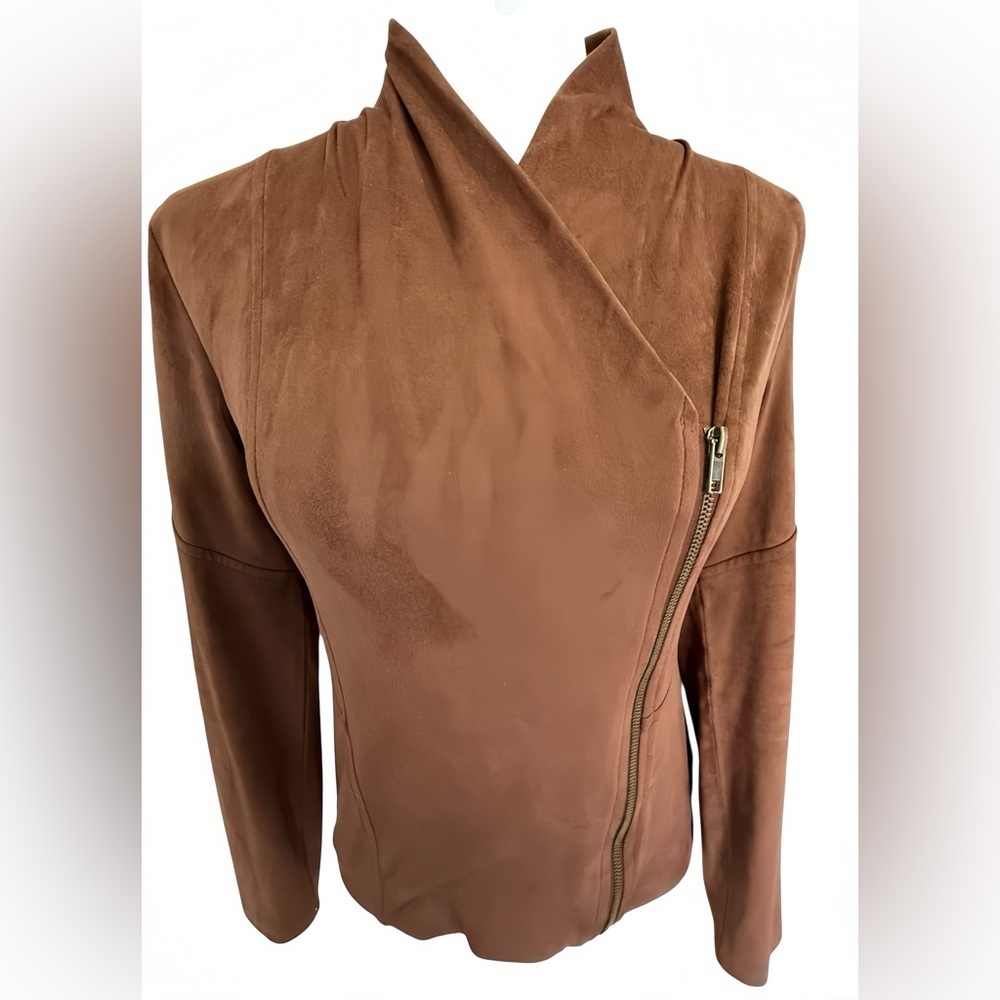 Jessica Simpson Fiona Faux Suede Moto Jacket XS Cognac Brown Asymmetrical Zip - Picture 2 of 10